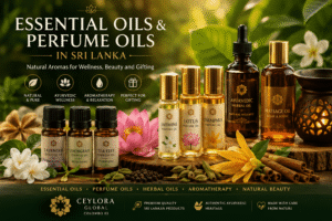 Essential oils and perfume oils in Sri Lanka with natural fragrance bottles, floral oils, aromatherapy products and luxury wellness gifts