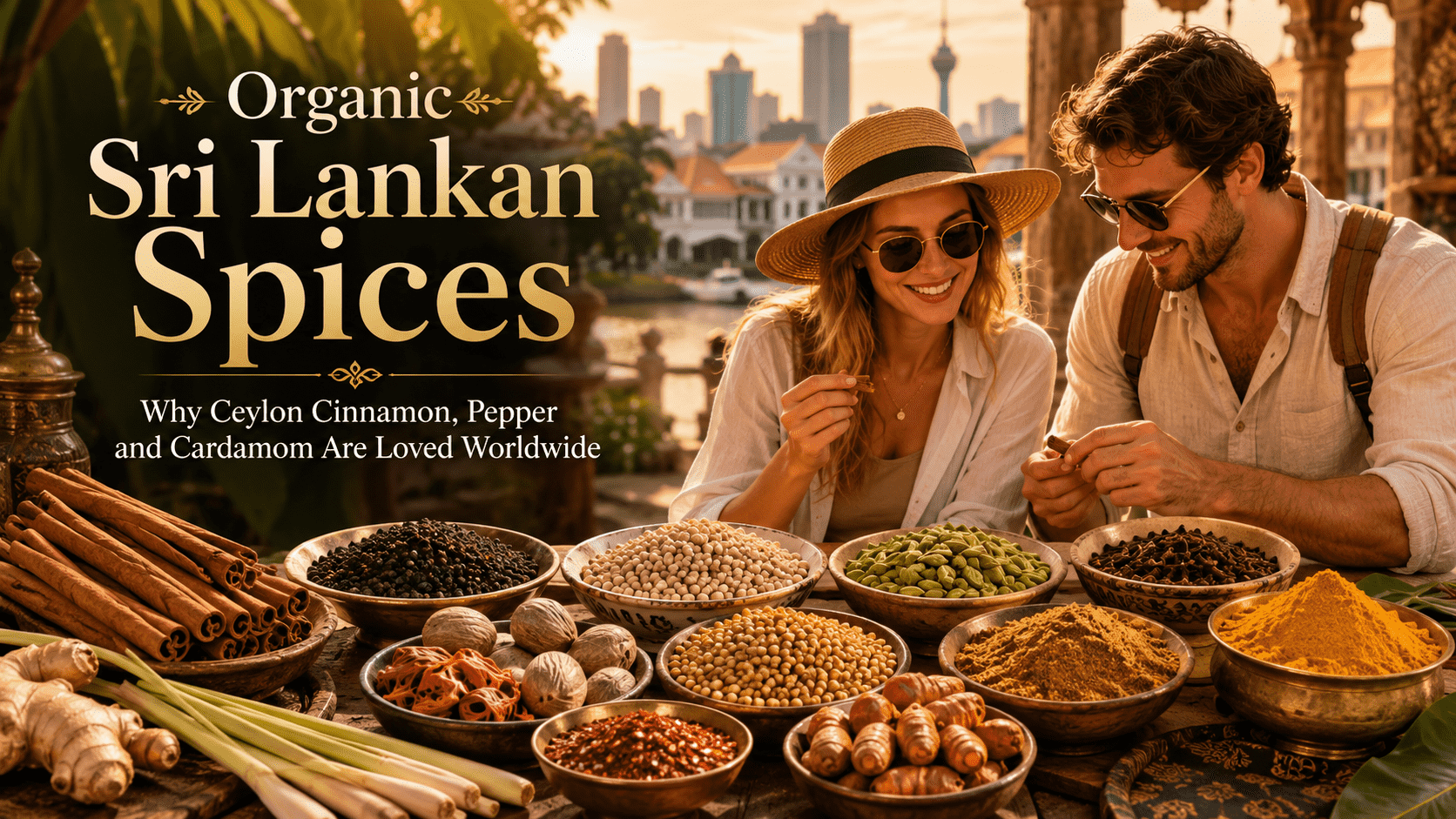Organic Sri Lankan spices with Ceylon cinnamon, black pepper, white pepper, cardamom, cloves, turmeric, ginger, nutmeg, mace, curry powder and chilli flakes