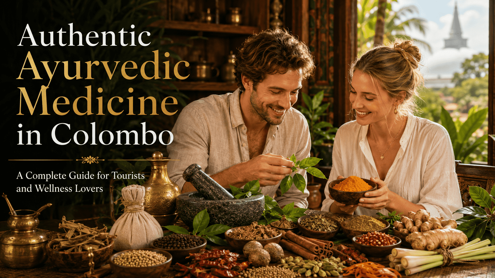 Authentic Ayurvedic medicine in Colombo with a happy European tourist couple exploring Sri Lankan herbs, spices and traditional Ayurveda wellness ingredients