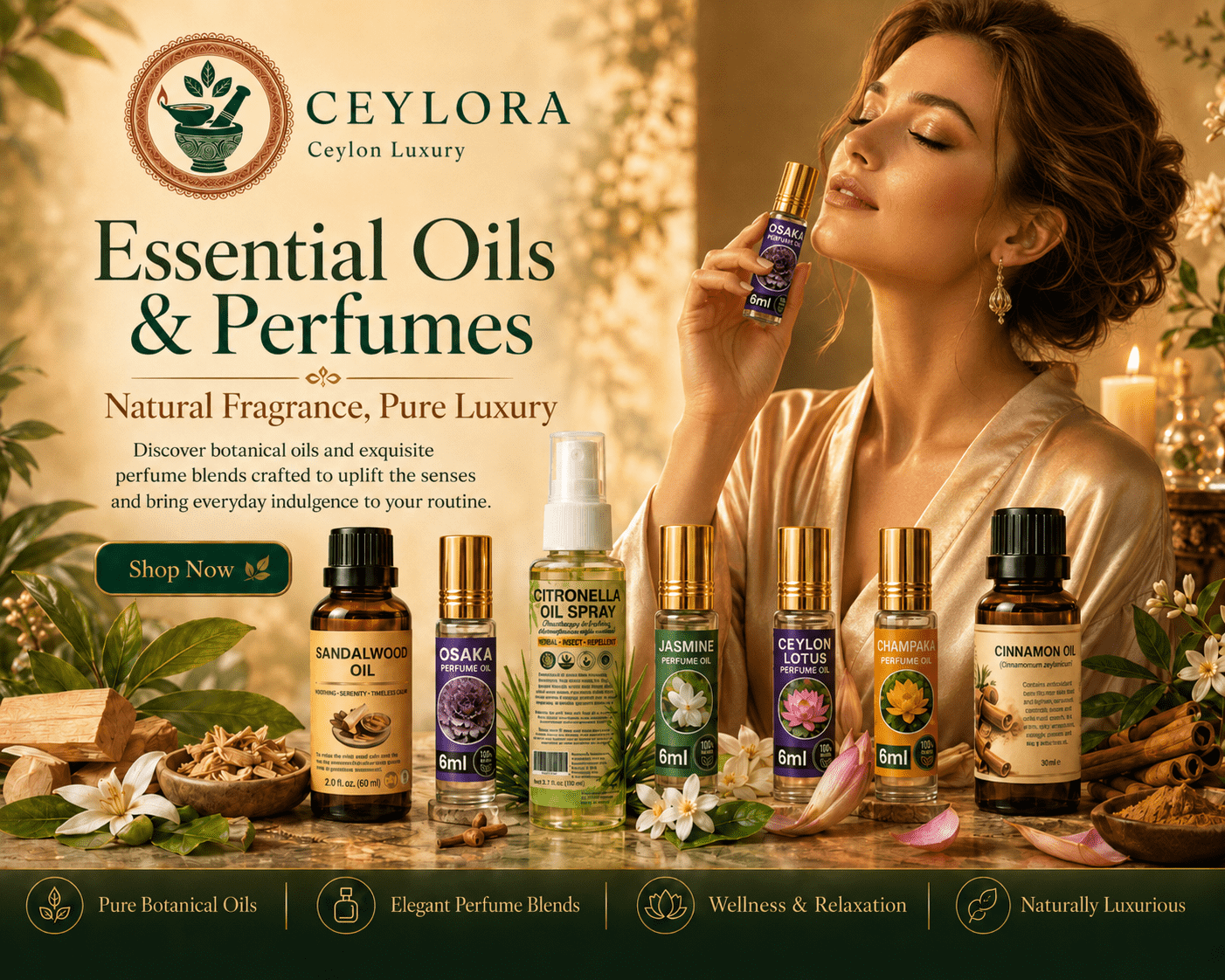 Essential oils and perfumes at Ceylora Global Colombo including natural fragrances herbal oils aromatherapy oils and luxury perfume products