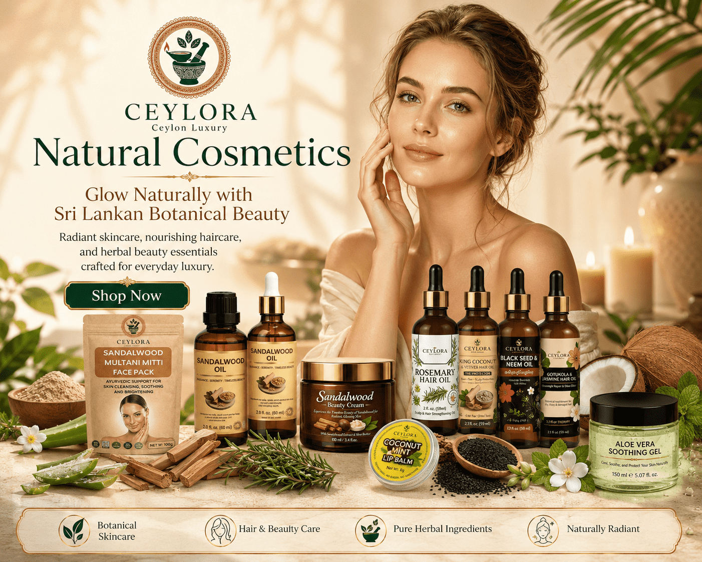 Natural cosmetics and Ayurvedic skincare products at Ceylora Global Colombo including herbal beauty creams oils face packs and aloe vera gel