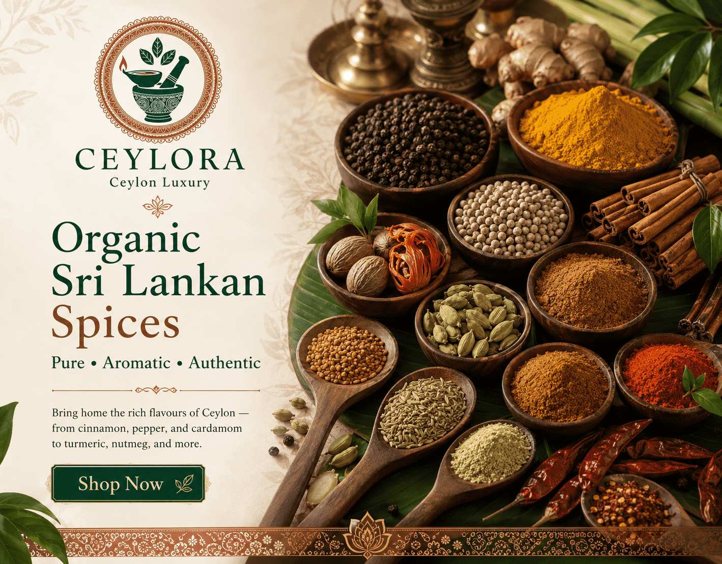 Organic Sri Lankan spices at Ceylora Global including Ceylon cinnamon black pepper cardamom cloves turmeric ginger and nutmeg